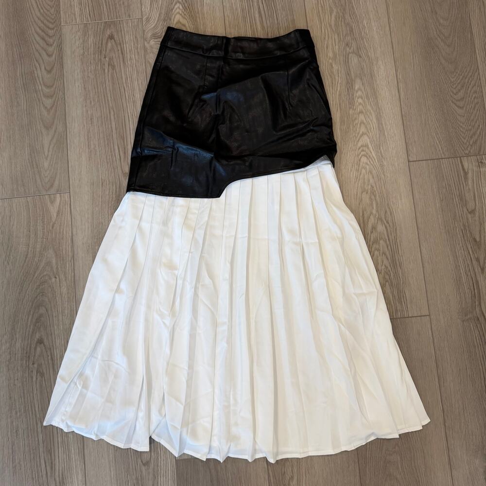 Commense Asymmetric Patchwork Faux Leather Chiffon Pleated Maxi Skirt Medium - Picture 2 of 7